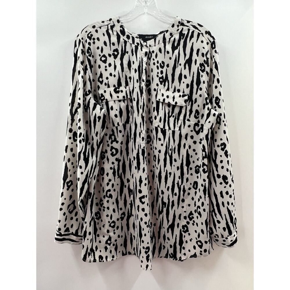 Ali Miles Women’s Roll Tab Sleeve Animal Print Popover Black Beige Size Large